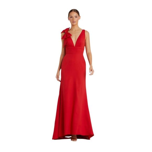 Mac Duggal Size 12 NEW Style 49454 Red Sleeveless V Neck Bow Detail Mermaid Gown - Picture 1 of 9